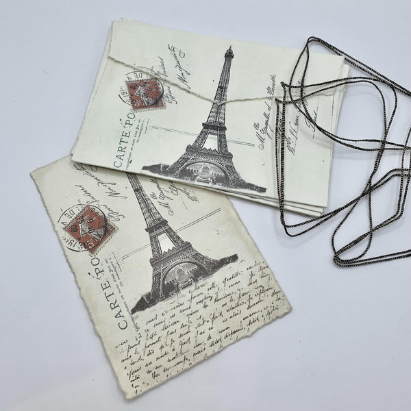 3 vintage Eiffel Tower parchment paper cards & envelopes