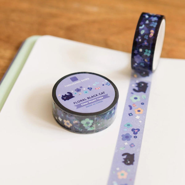 Washi Tape (Transparent) Floral Black Cat