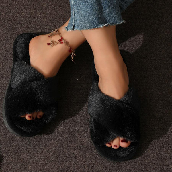 Cross Plush Cotton Slippers - Black