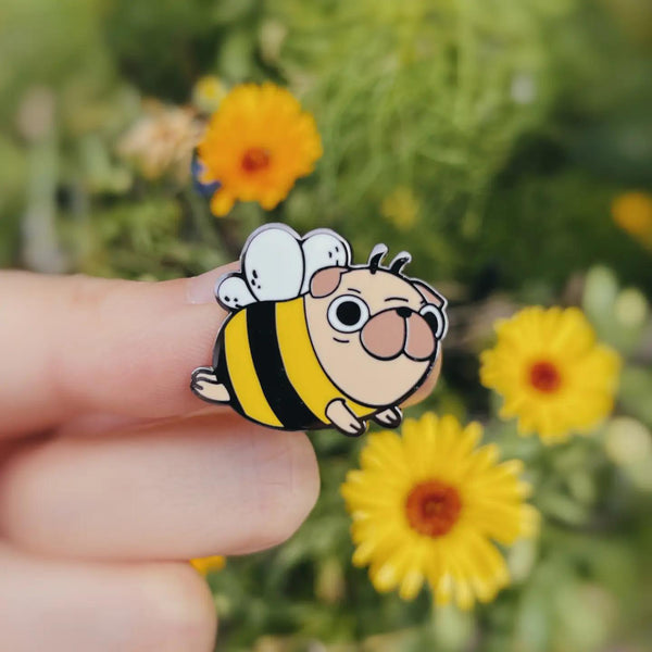 Black Nickel Plated Pug Bee Enamel Pin